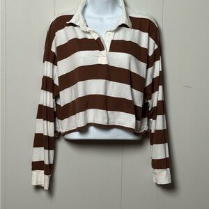 Hollister Women’s Cropped 100% Cotton Brown and White Striped Polo Shirt Size M